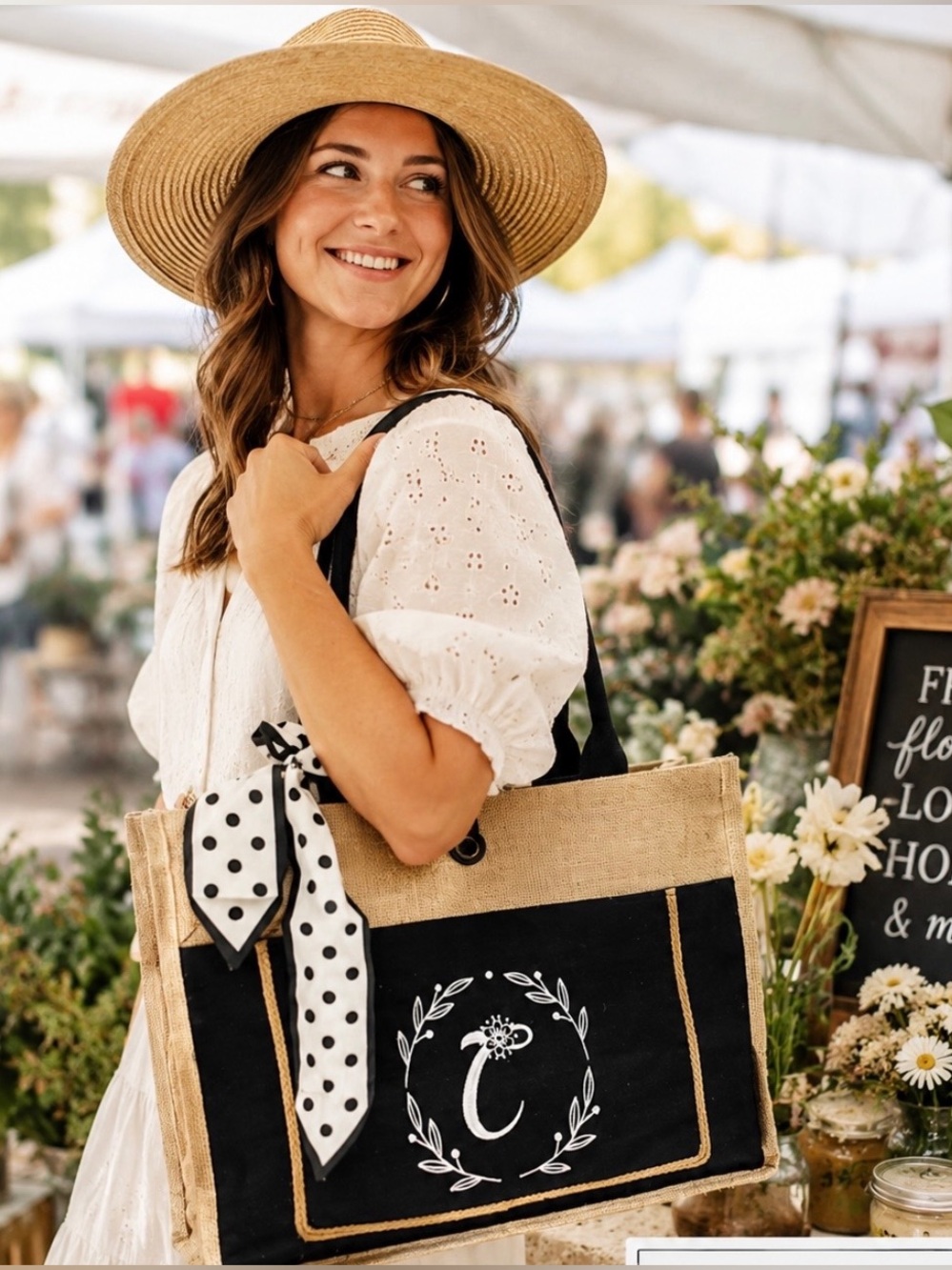 Burlap Tote w initial “c”. Zipper pocket inside